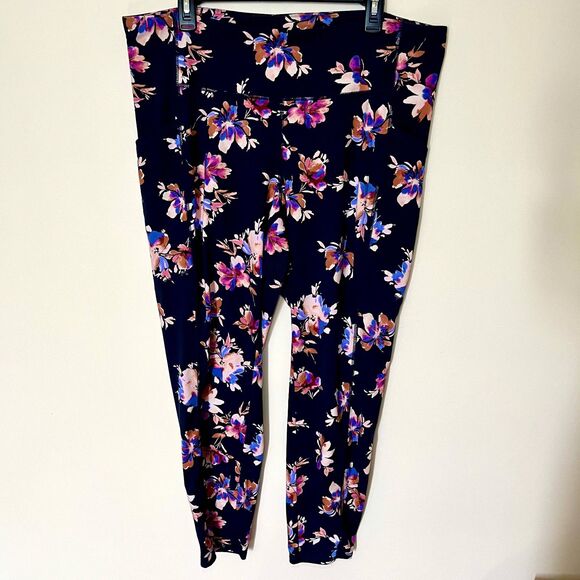 J. Jill Fit High-Rise Performance Leggings Navy Blue Hazy Blooms 2X Gym Workout - Picture 2 of 6